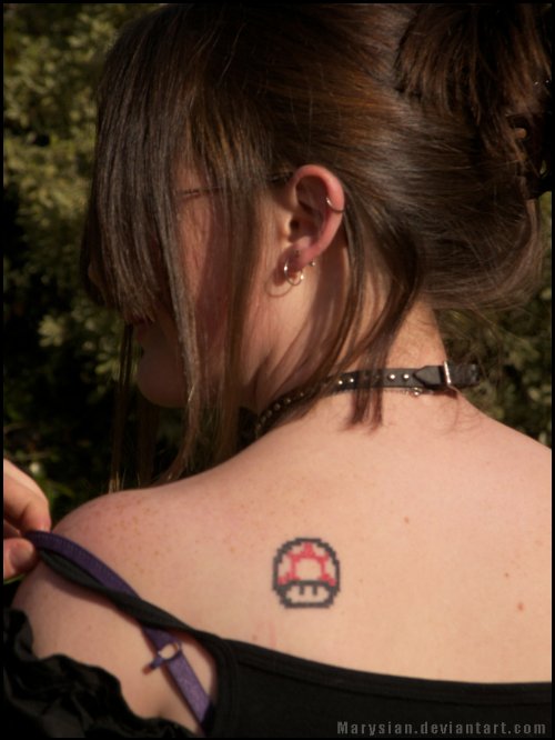 Back Shoulder Red Mario Mushroom Tattoo For Girls