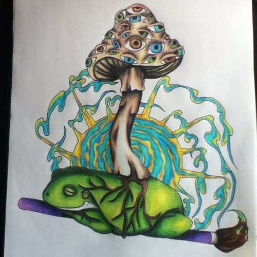 Green Frog And Mushroom Tattoo Design