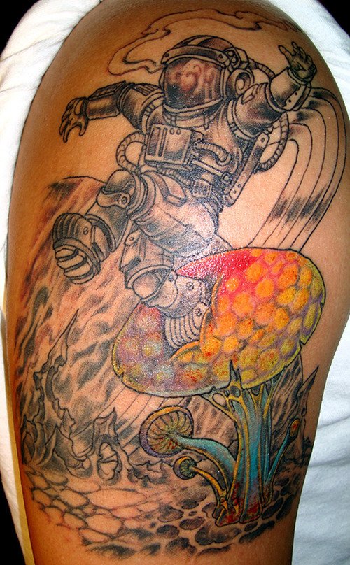 Colored Mushroom And Grey Ink Robot Tattoo On Half Sleeve
