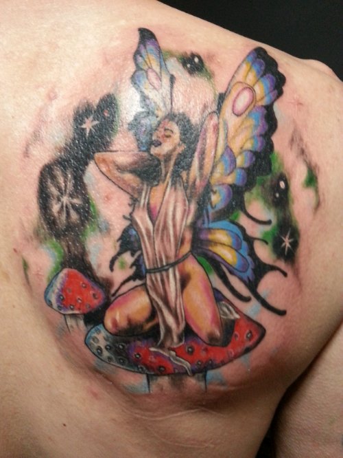Right Back Shoulder Mushroom And Fairy Tattoo