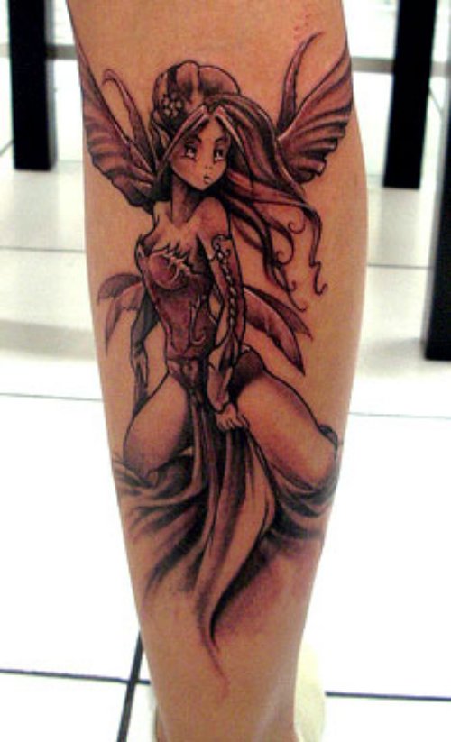 Cute Fairy And Mushroom Grey Ink Tattoo On Back Leg