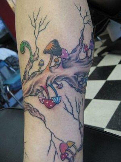 Tree With Colored Mushroom Tattoos