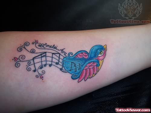Lovely Bird And Music Note Tattoo