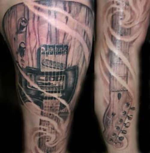 Nice Grey Ink Music Tattoo On Full Sleeve
