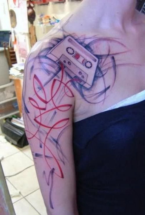 Music Tape Tattoo On Right Shoulder