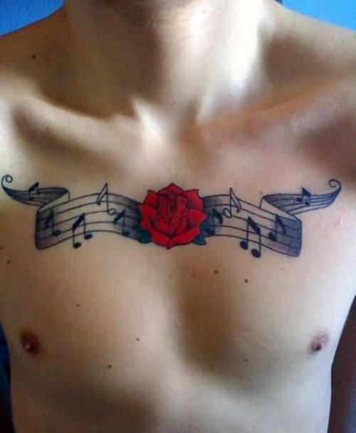 Red Rose And Music Notes Tattoo On Chest