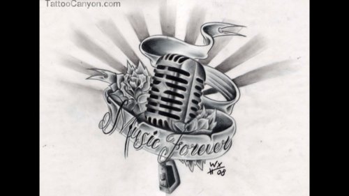 Grey Ink Banner And Mic Music Tattoo Design