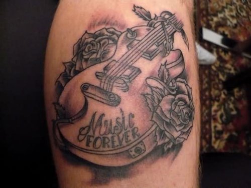 Grey Flowers And Guitar Music Tattoo