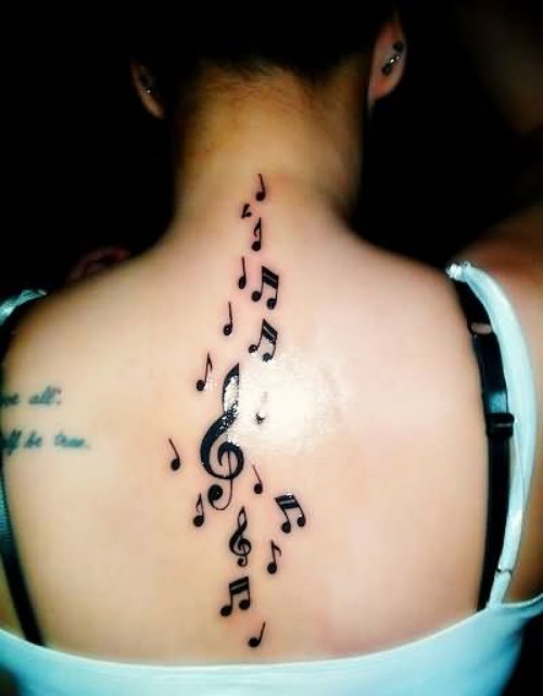 Black Ink Music Note Tattoo On Upperback
