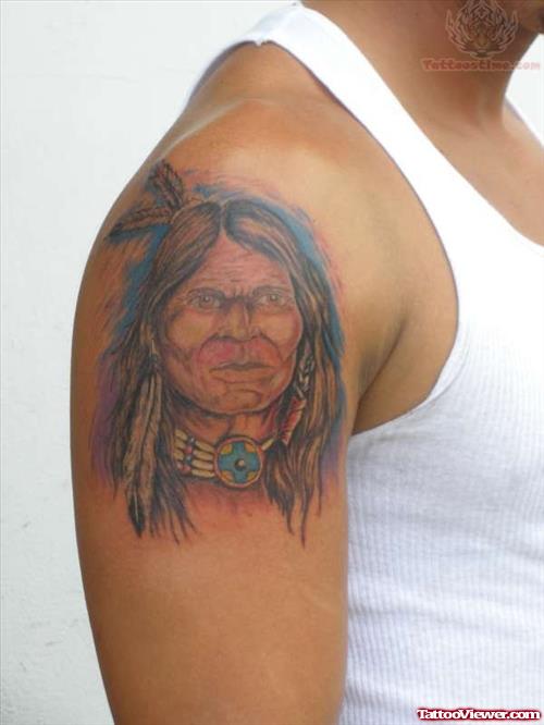 Native American Portrait Tattoo For Shoulder
