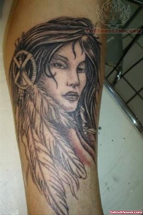 Native American Girl And Feather Tattoo