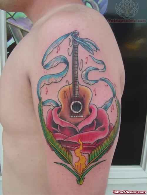 Guitar Rose Tattoo On Shoulder