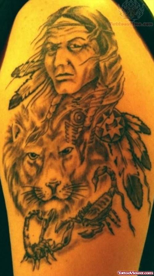 Native American And Lion Tattoo
