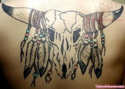 Native American Bull Skull Tattoo On Back