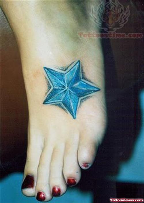 Nautical Blue Ink Star Tattoo On Foot