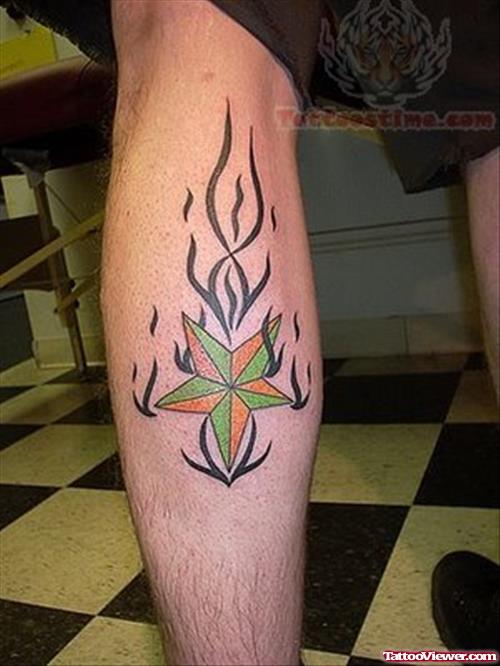 Nautical Flaming Star Tattoo On Leg
