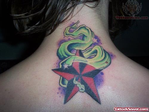 Nautical Flaming Star Tattoo On Back Neck