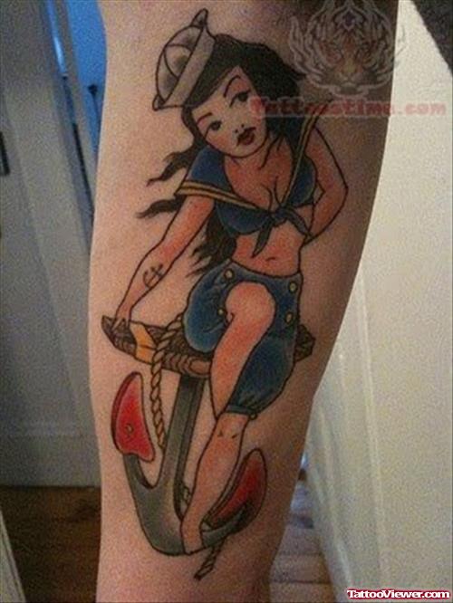 Nautical Anchor And Girl Tattoo