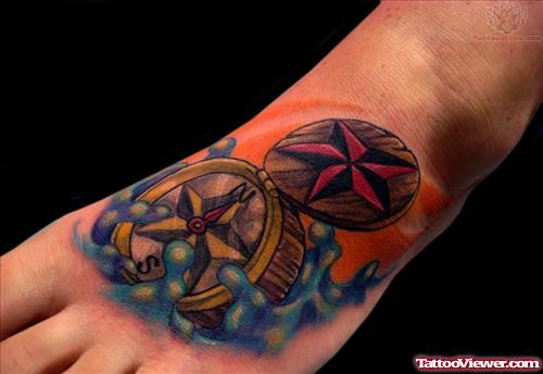 Nautical Compass Tattoo On Foot