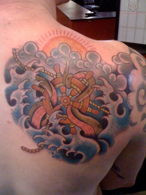 Nautical Wheel Tattoo On Back Shoulder
