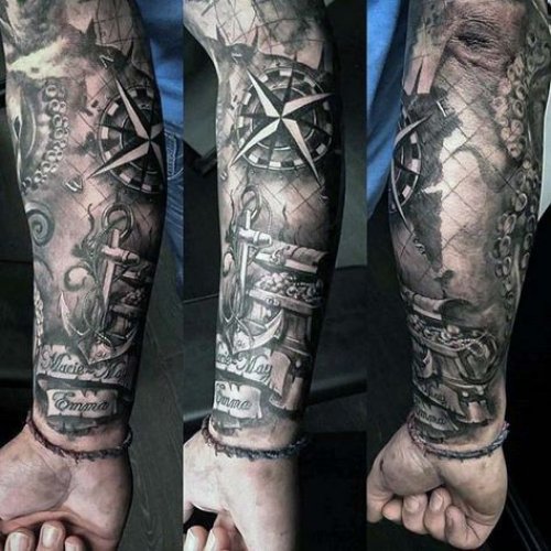 Shaded Nautical Tattoo On Forearm Sleeve