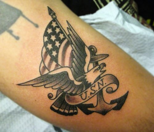 Anchor and Flying Eagle Navy Tattoo On Bicep