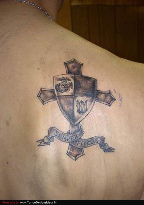 Banner And Navy Crest Tattoo On Back Shoulder