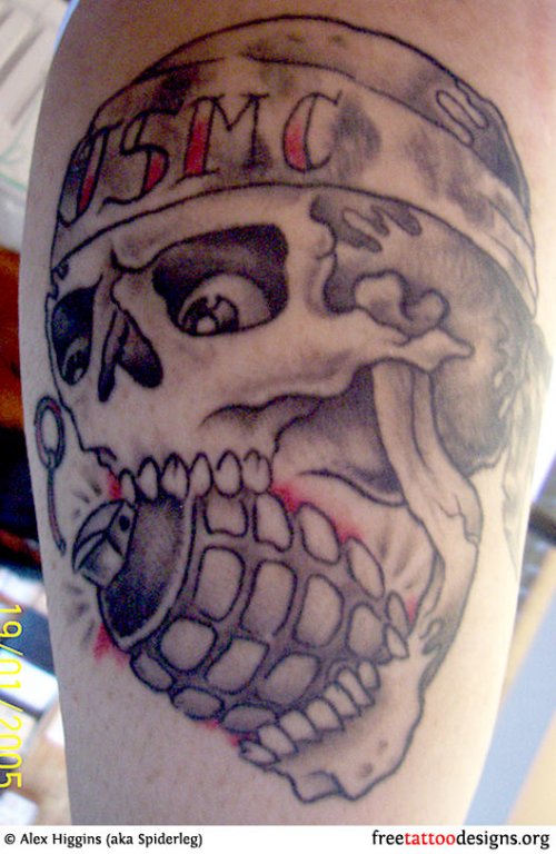 Grey Ink USMC Skull And Grenade Navy Tattoo