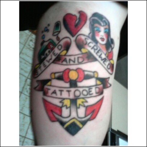 Banners And Anchor Navy Tattoo On Bicep