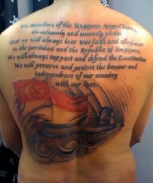 Script And Navy Tattoo On Back Body