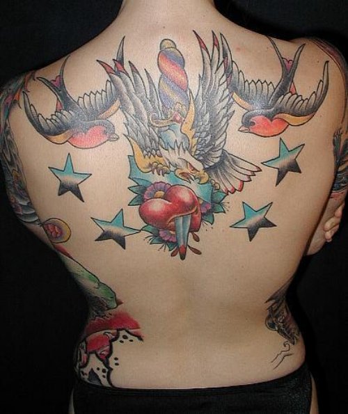 Stars And Flying Birds Navy Tattoo On Back