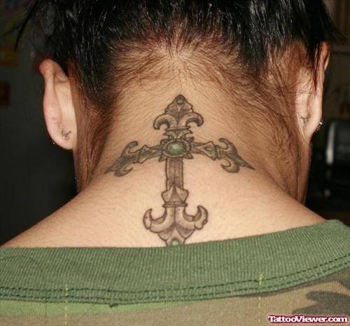 Grey Ink Cross Back Neck Tattoo