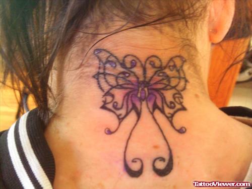 Colored Tirbal Butterfly Neck Tattoo