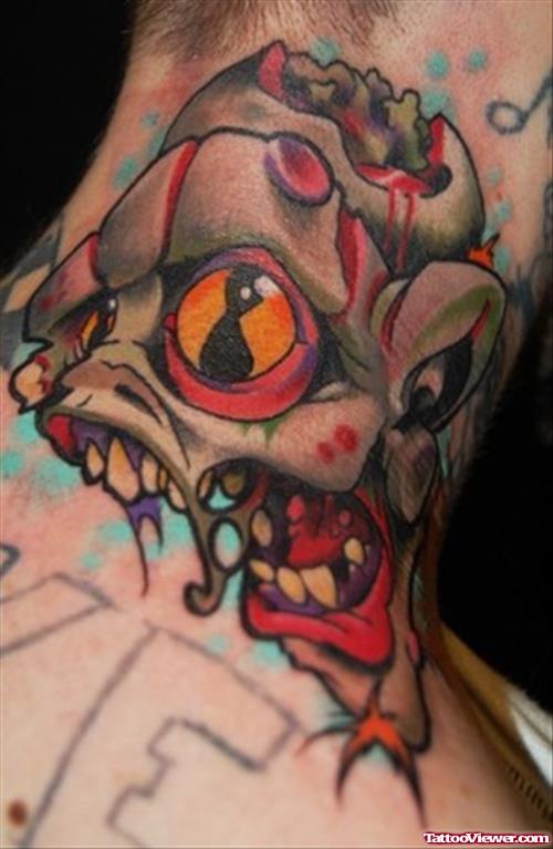 Colored Ink Zombie Neck Tattoo