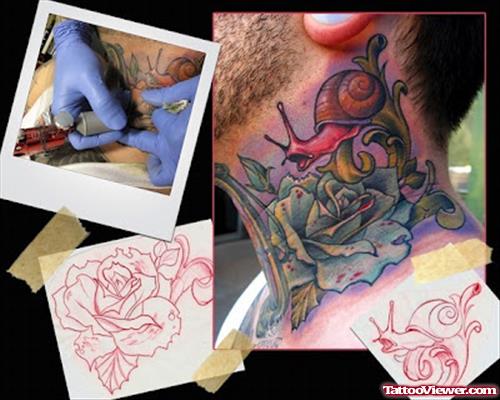 Rose And Snail Neck Tattoo