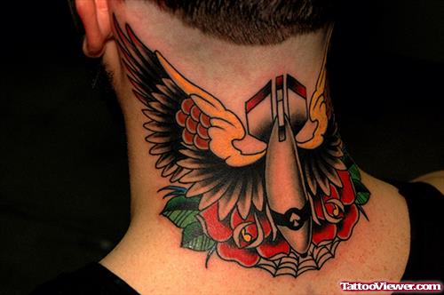 Red Rose Flowers And Winged Neck Tattoo