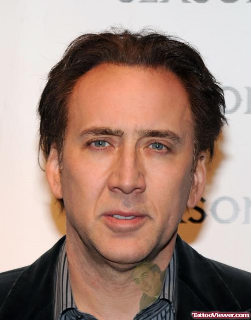 Nicolas Cage Portrait Tattoo On Neck