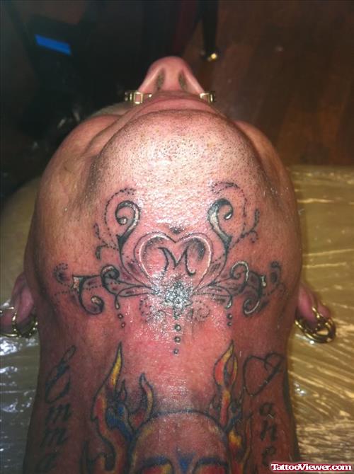 Flaming Skull And Swirl Neck Tattoo