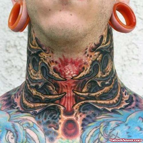 Cool Biomechanical Neck Tattoo For Men