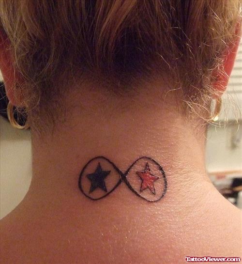 Colored Stars And Infinity Symbol Neck Tattoo