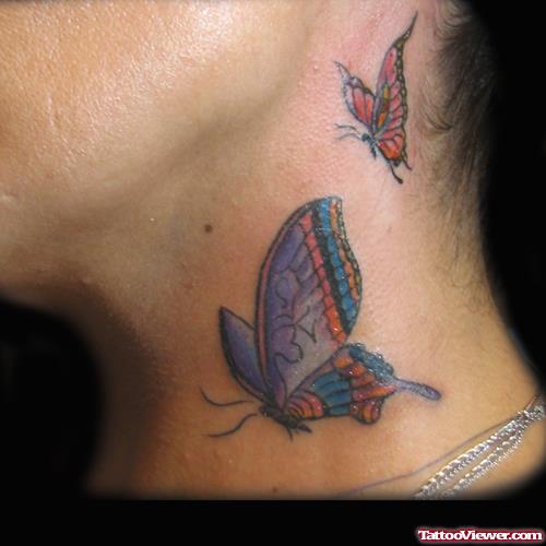 Colored Butterflies Side Neck Tattoo