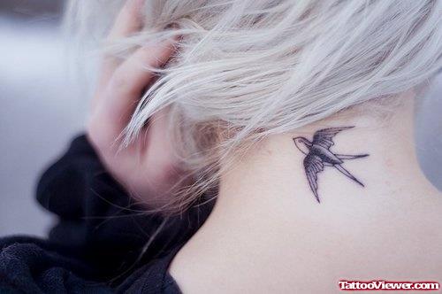 Best Grey Ink Flying Bird Neck Tattoo