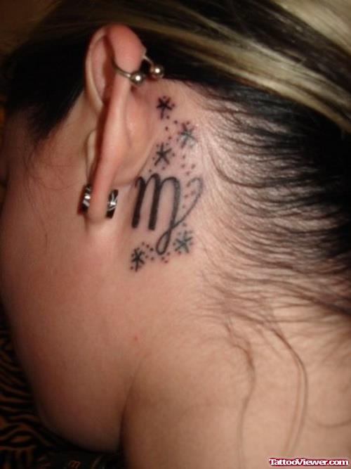 Stars And Virgo Zodiac Sign Side Neck Tattoo