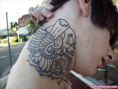 Skull And Flower Neck Tattoo