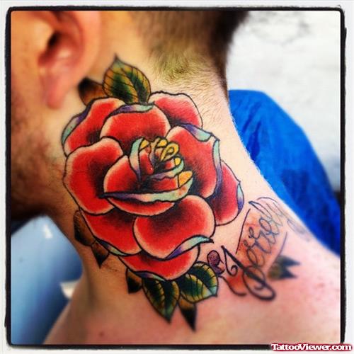 Red Rose Flower Side Neck Tattoo