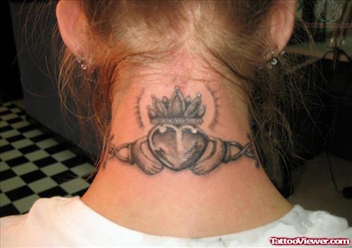 Grey Ink Claddagh Neck Tattoo