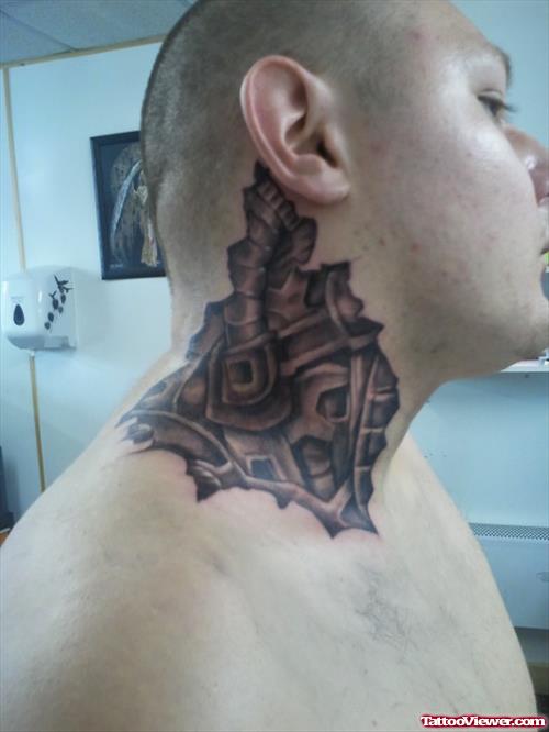 Grey Ink Biomechanical Neck Tattoo