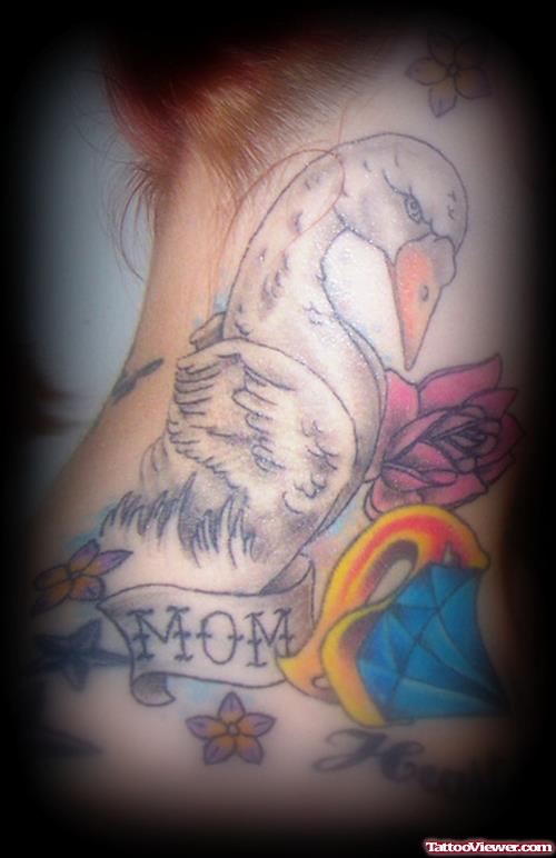 Blue Diamond Flower With Banner and Duck Neck Tattoo