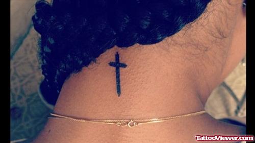 Black Ink Small Cross Back Neck Tattoo