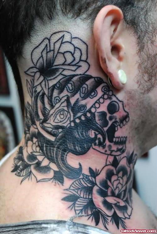 Rose Flowers And Dia De Los Muertos Skull Neck Tattoo